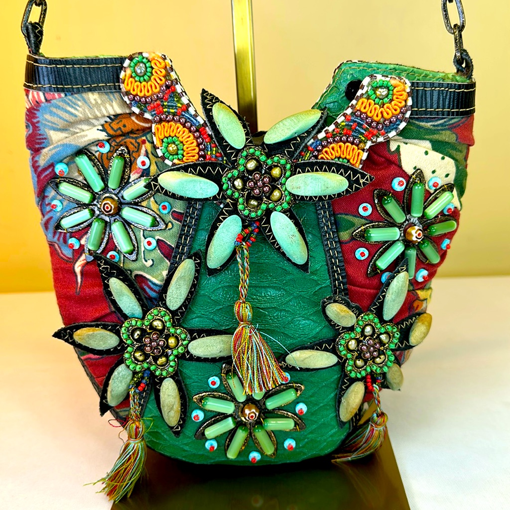 Mary Frances Green Multi Beaded Floral Embellished Shoulder Bag
